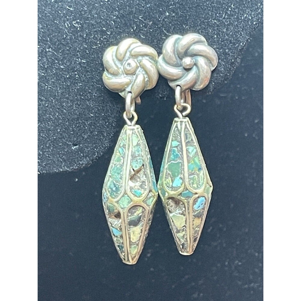VTG Sterling Screw-Back Earrings Crushed Turquoise Drop & Floral Studs 2" READ
